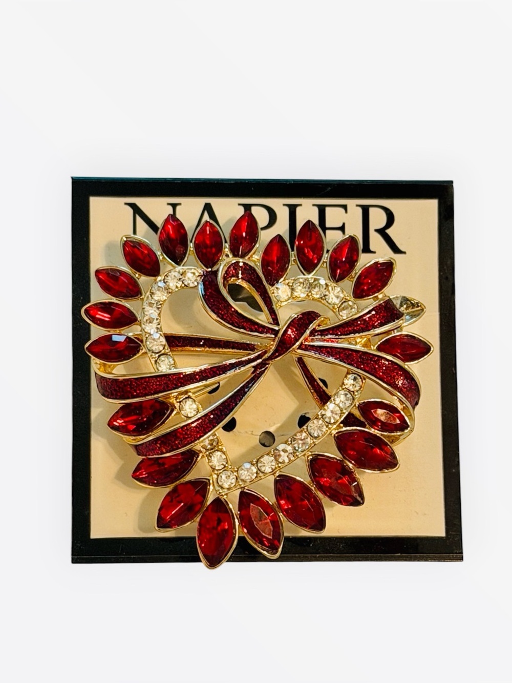 NWT Elegant Napier Heart Brooch Pin Red Faceted Stones Crystals Bow -READ